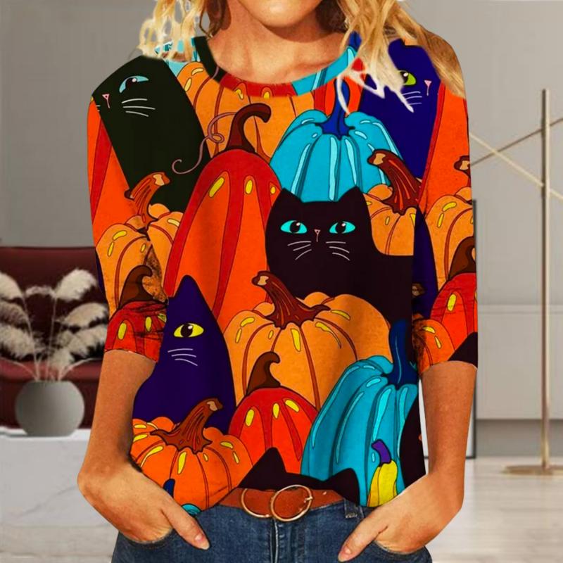 Kreativ Halloween-T-Shirt Med Katttryck