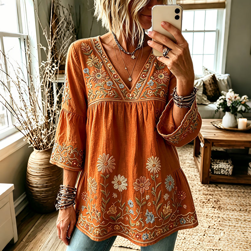 Retro Botanische Blouse met Driekwart Mouw