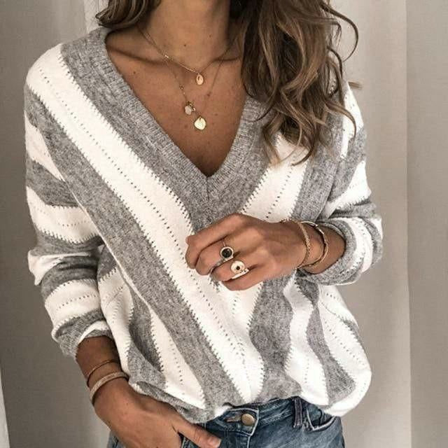 Vintage gestreepte pullover met V-hals, grijs