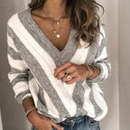 Vintage gestreepte pullover met V-hals, grijs